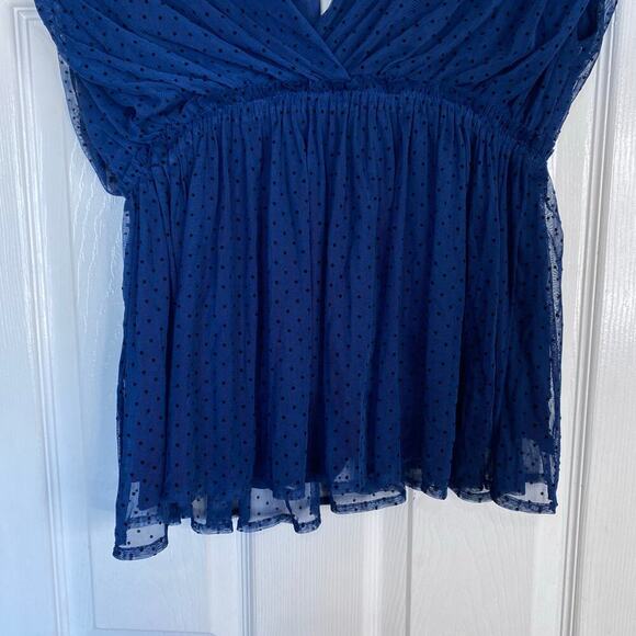 ANTHROPOLOGIE V-Neck Tulle Blouse Navy Blue Bow Size Small Dainty Chic Polka Dot - Picture 7 of 8